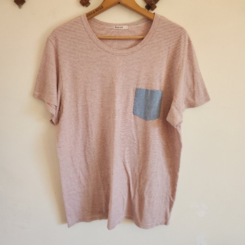 Marine Layer Short Sleeve Tee Striped Red White Contrasting Pocket Lightweight L